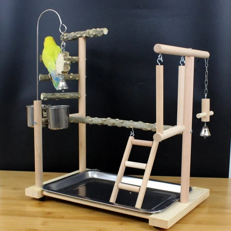 Pepper wood parrot stand pole with attached tiger skin peony toy and Xuanfeng Xiaotai bird platform.