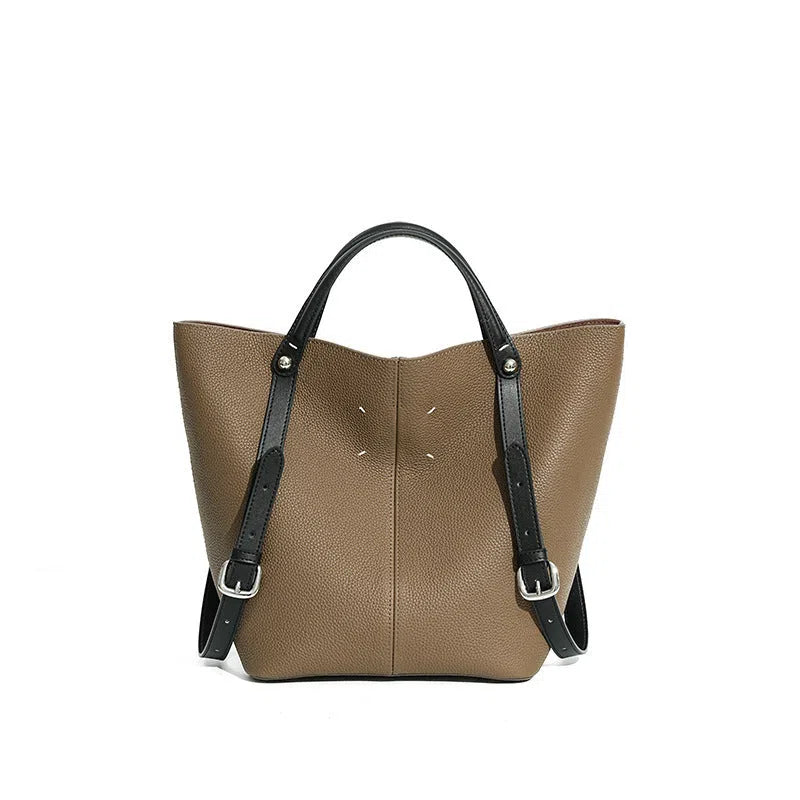 Genuine leather women's tote bag vertical square shape 20x26x16cm top-grain leather black gray white urban minimalist stitching