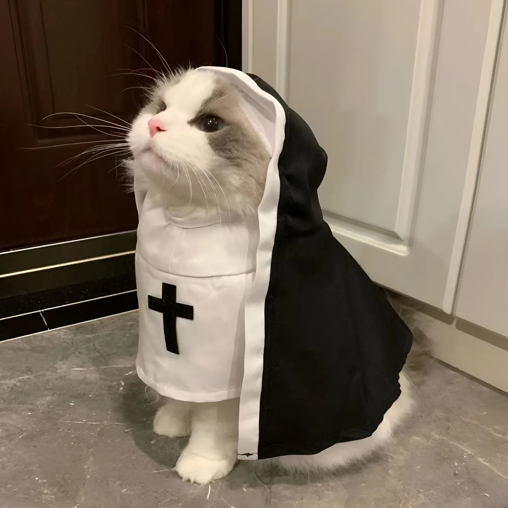 Black and white nun costume for small medium dogs with cloak design