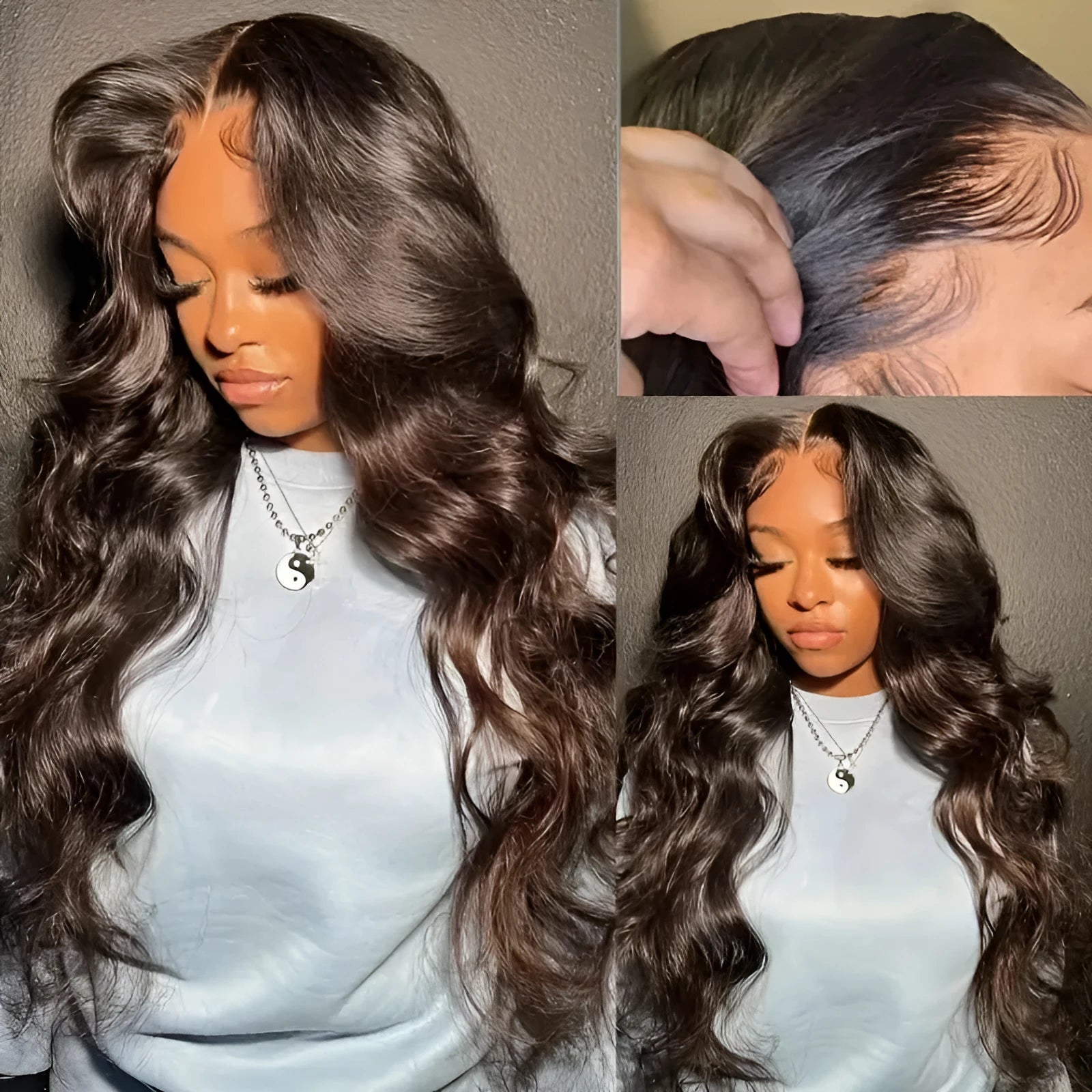 Long curly dark brown front lace wig with side bangs on a model