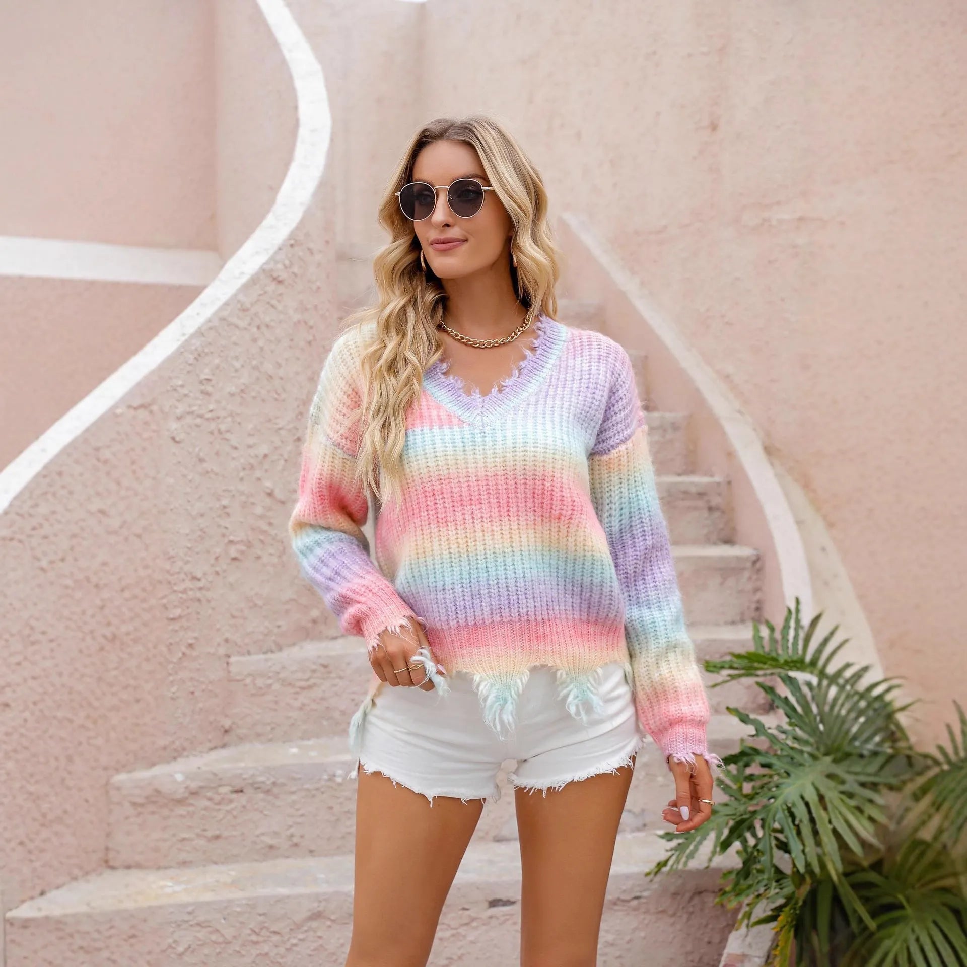 Pink rainbow pattern knitted pullover sweater loose cut plus size