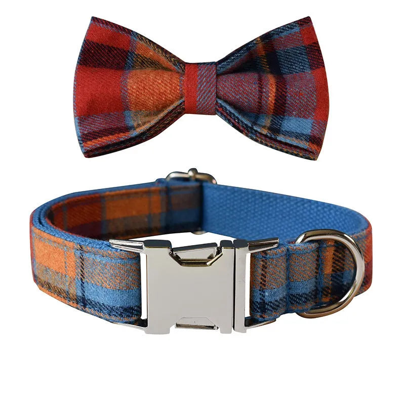 Blue plaid velvet dog collar with alloy buckle and bow decoration on cotton material