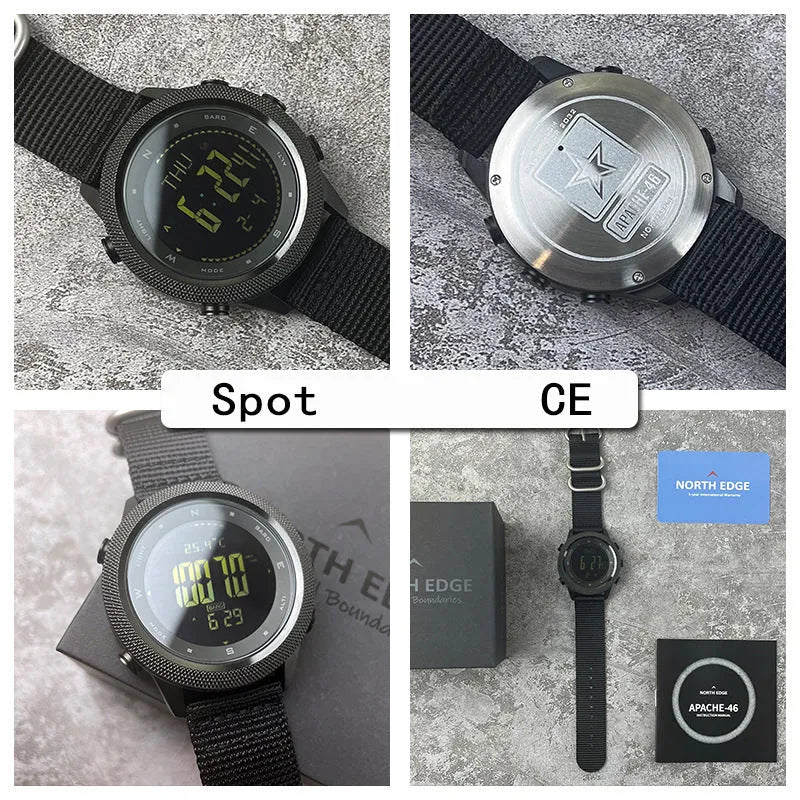Black nylon digital sports watch with waterproof altimeter barometer compass pedometer, 46mm case, hardened mineral glass screen