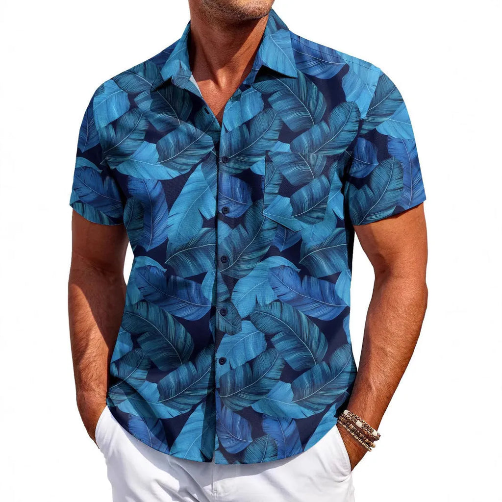 Man wearing a slim fit Hawaiian pattern short sleeve shirt in a cardigan style.
