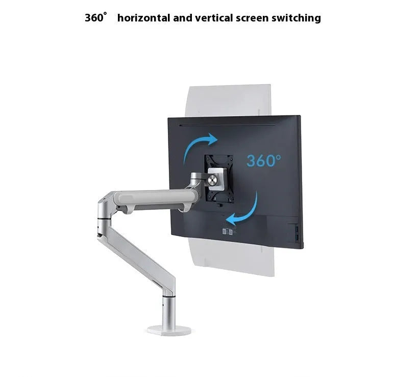 Silver aluminium laptop stand with an adjustable arm bracket on a wooden desk.