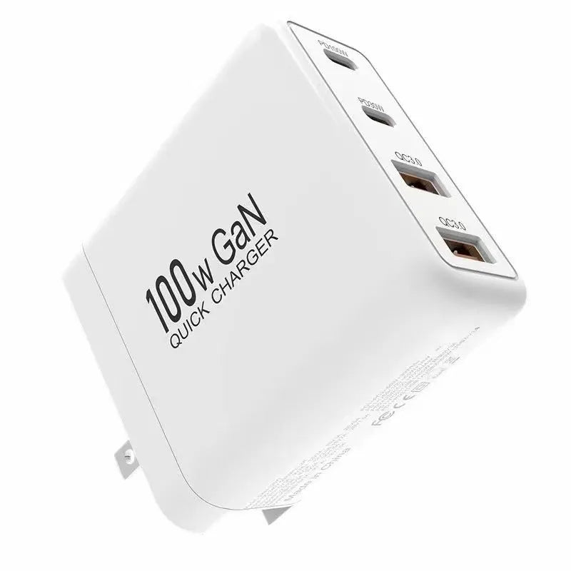 White gallium nitride fast charger 100W with Type-C and USB ports, compact size, interchangeable plugs