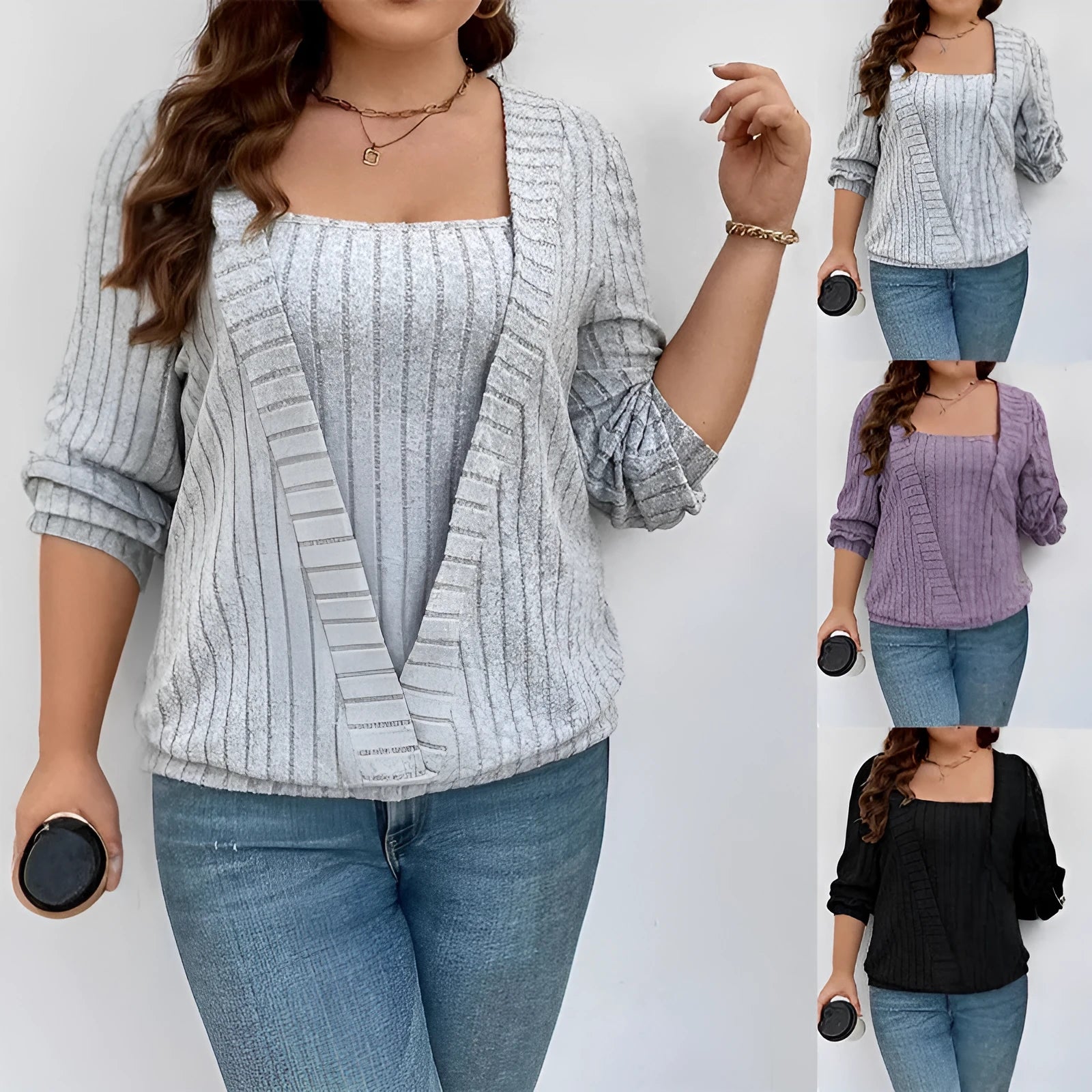 Woman wearing a solid purple V-neck long sleeve faux two-piece suit with a ribbed texture and loose fit.