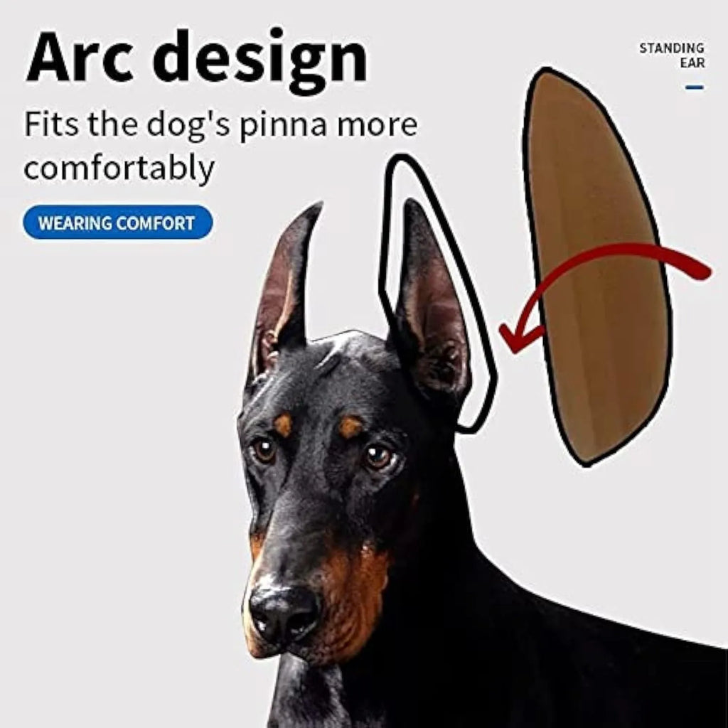 A dog ear support patch sticker shown next to a sizing chart for Doberman, Sheltie, and Corgi puppies.