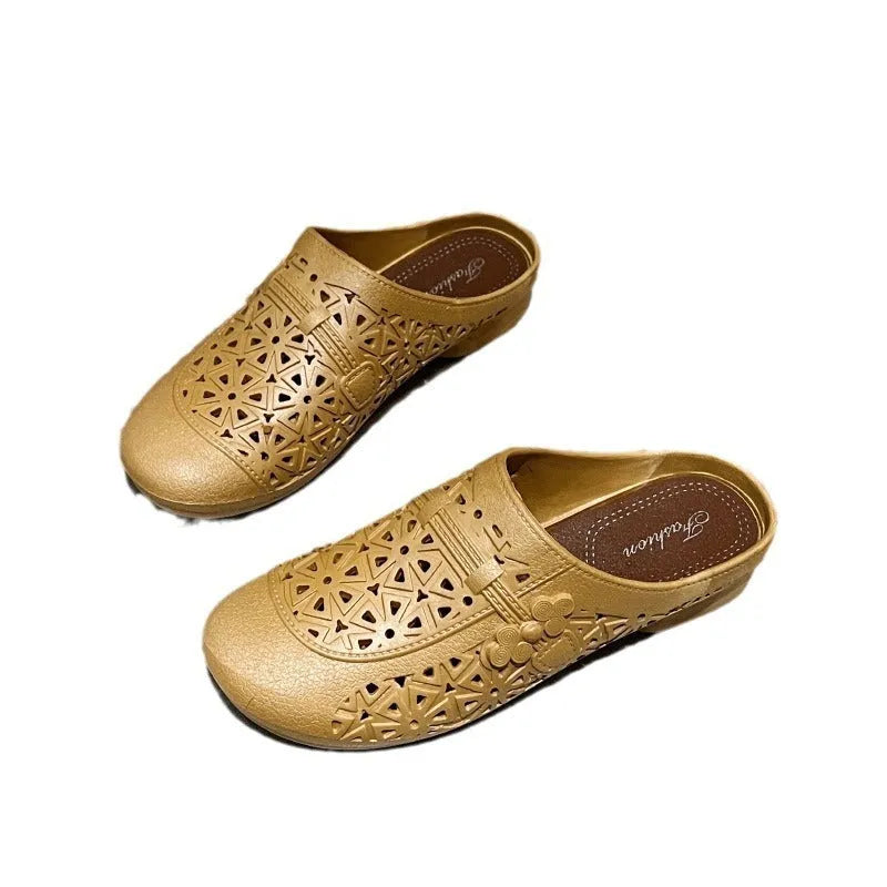 PVC fairy style half slippers with hollow-out design in apricot colour