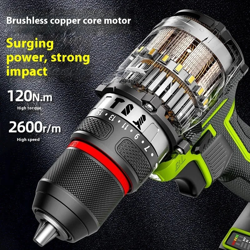 Brushless cordless impact drill 21V 300W with lithium batteries and 10mm chuck for wood steel concrete drilling