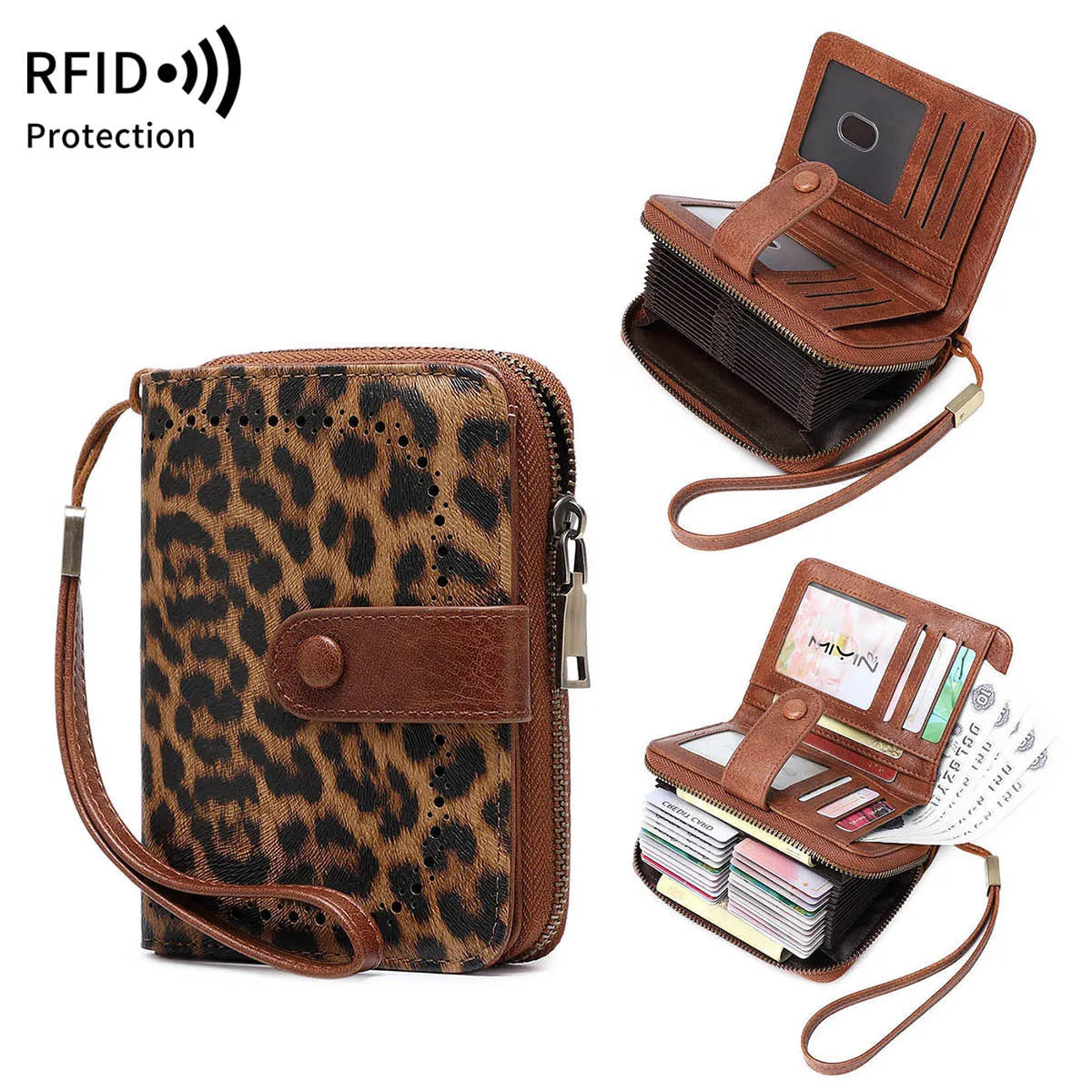 Retro small wallet with zipper closure in leopard print design showing hollow stitching details