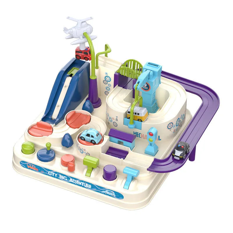Big adventure parking lot rail car track toy set with plastic cars and handle control