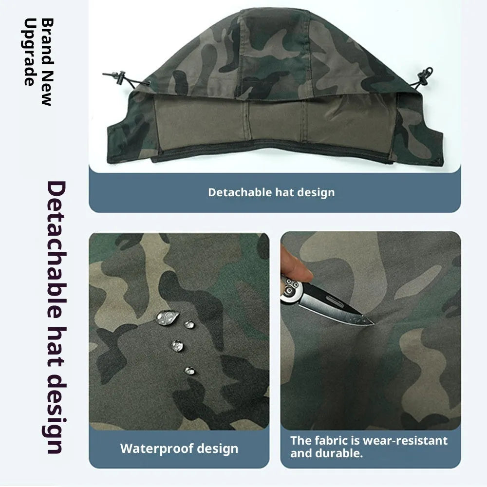 Men's camouflage outdoor casual jacket suit in green, long sleeves, synthetic fibre blend, coat and pants set