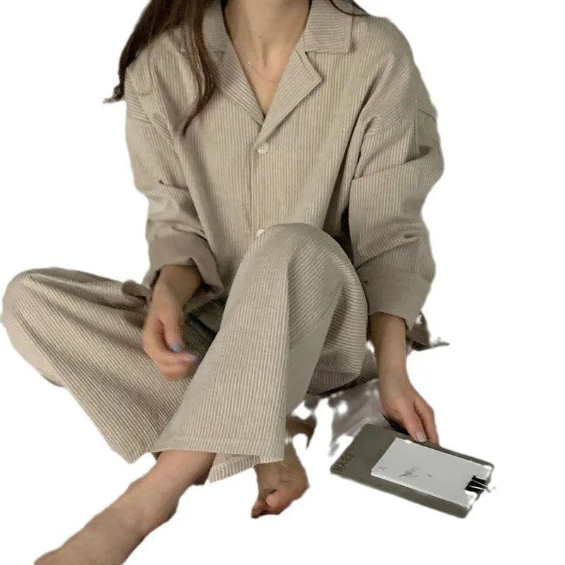 Women's simple stripe long sleeve casual loose home suit set with pants in striped pattern