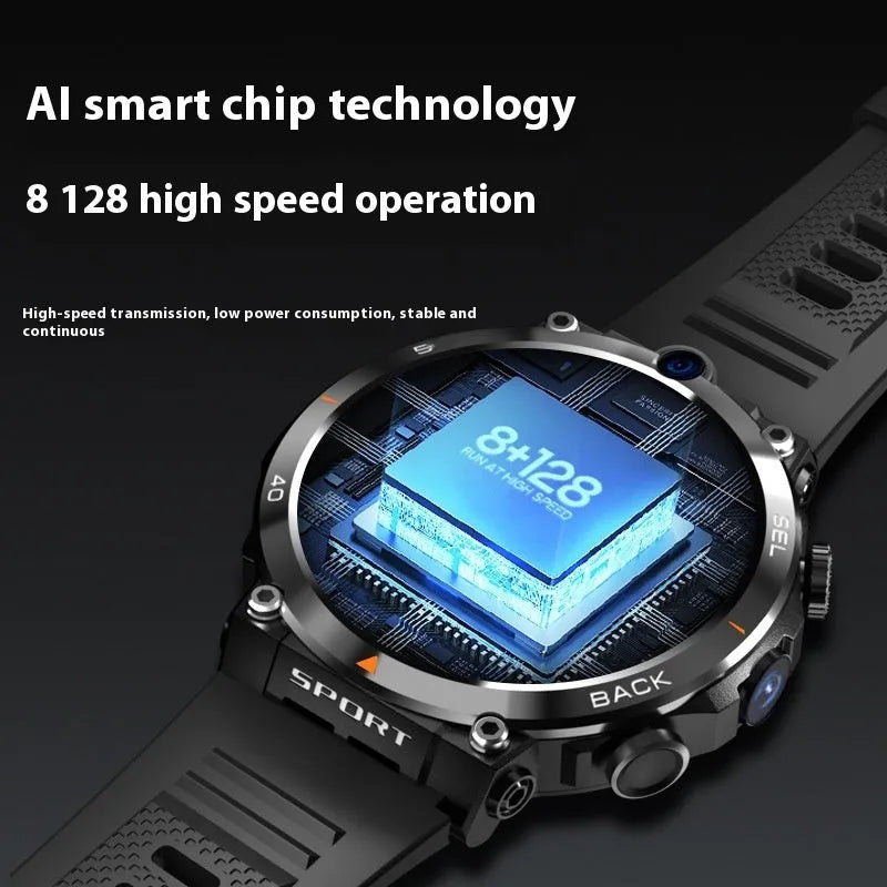Sports smartwatch with dual cameras on wrist, showing touch screen displaying fitness stats.