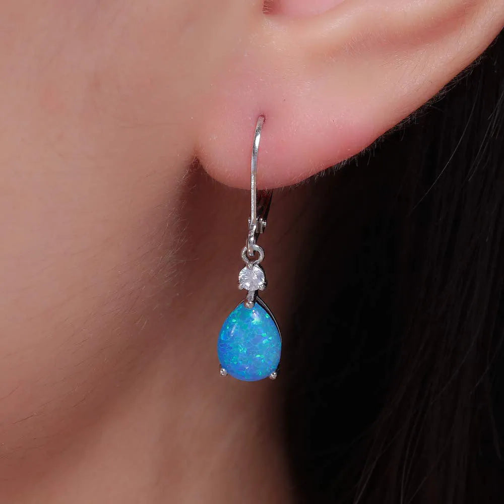 Copper zircon leaf shape earrings with water drop opal colour electroplated finish geometric U-shaped design
