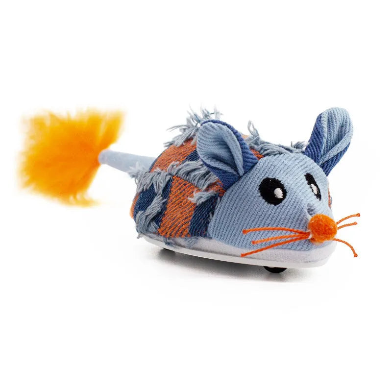 Electronic motion cat toy with moving mouse mechanism in blue or yellow colour, featuring detachable feathers and compact 18cm design