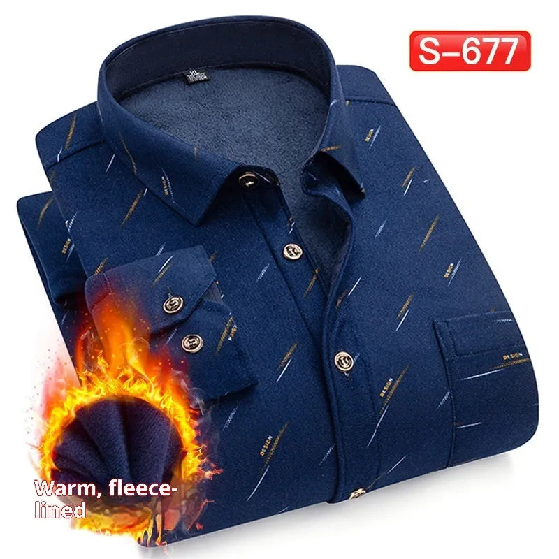 Men's fleece lined padded shirt long sleeve autumn winter warm middle-aged cardigan in double-sided velvet fabric