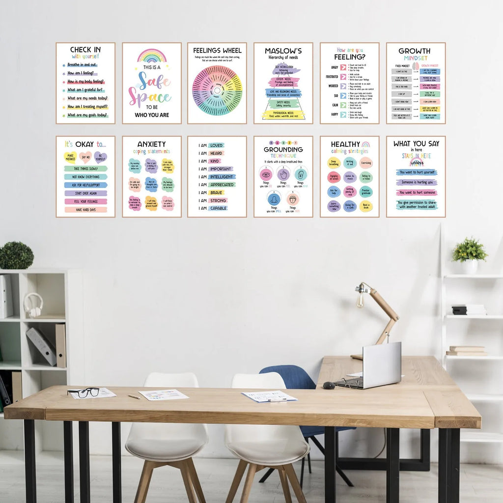 Set of 12 mental health posters with bright film finish, each 255x355mm, on a white background with 60 glue dots