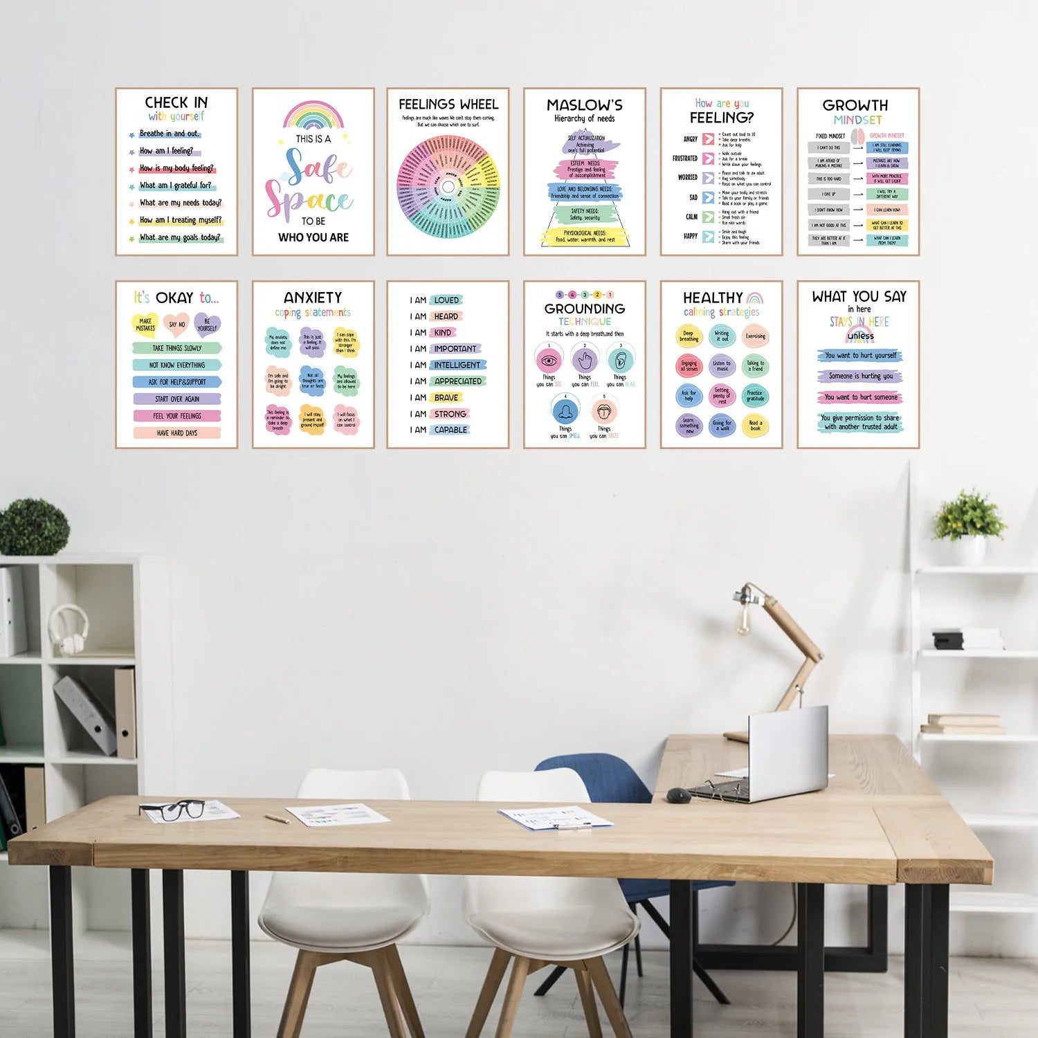 Set of 12 mental health posters with bright film finish, each 255x355mm, on a white background with 60 glue dots
