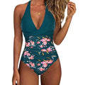 Women's printed one-piece swimsuit with lace-up back in a leopard print design.