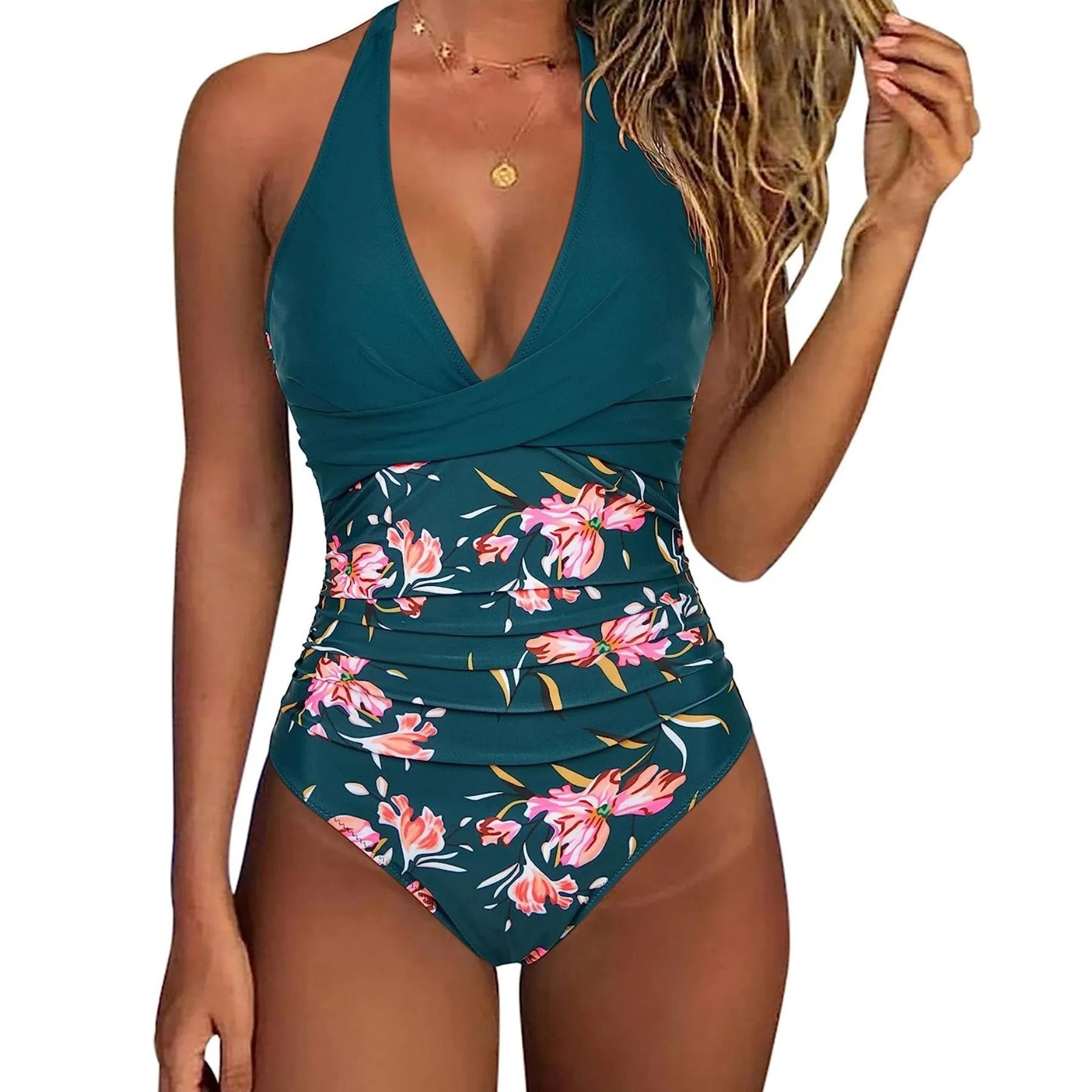 Women's printed one-piece swimsuit with lace-up back in a leopard print design.