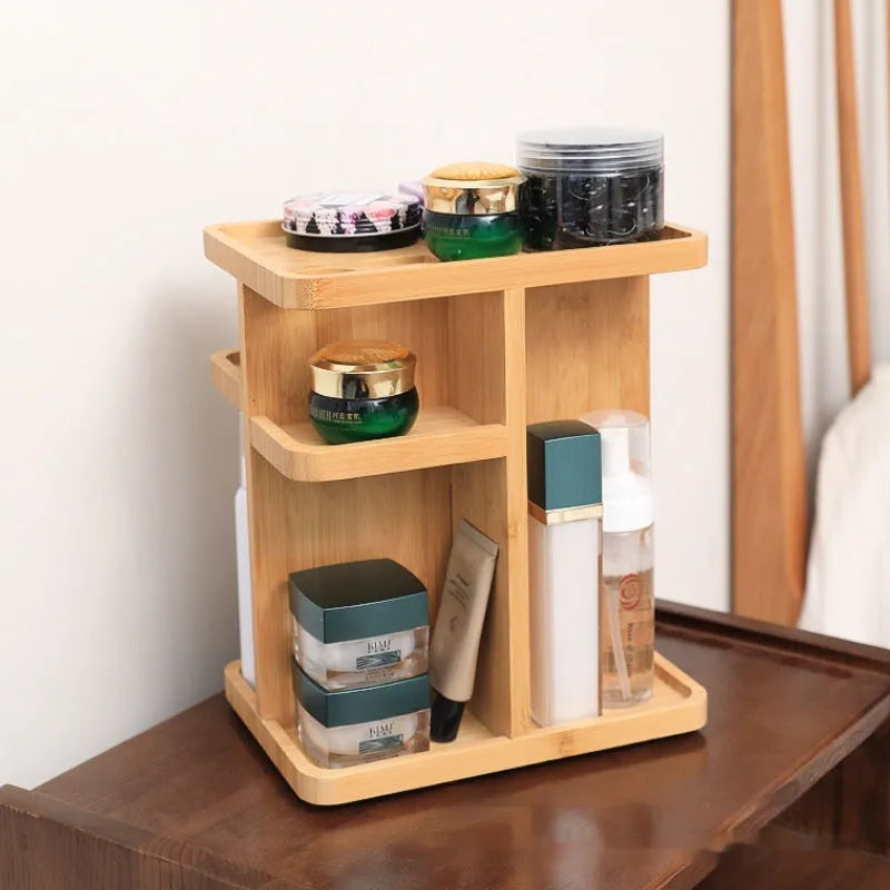 Bamboo rotary storage rack with multiple shelves showing 18 litre capacity