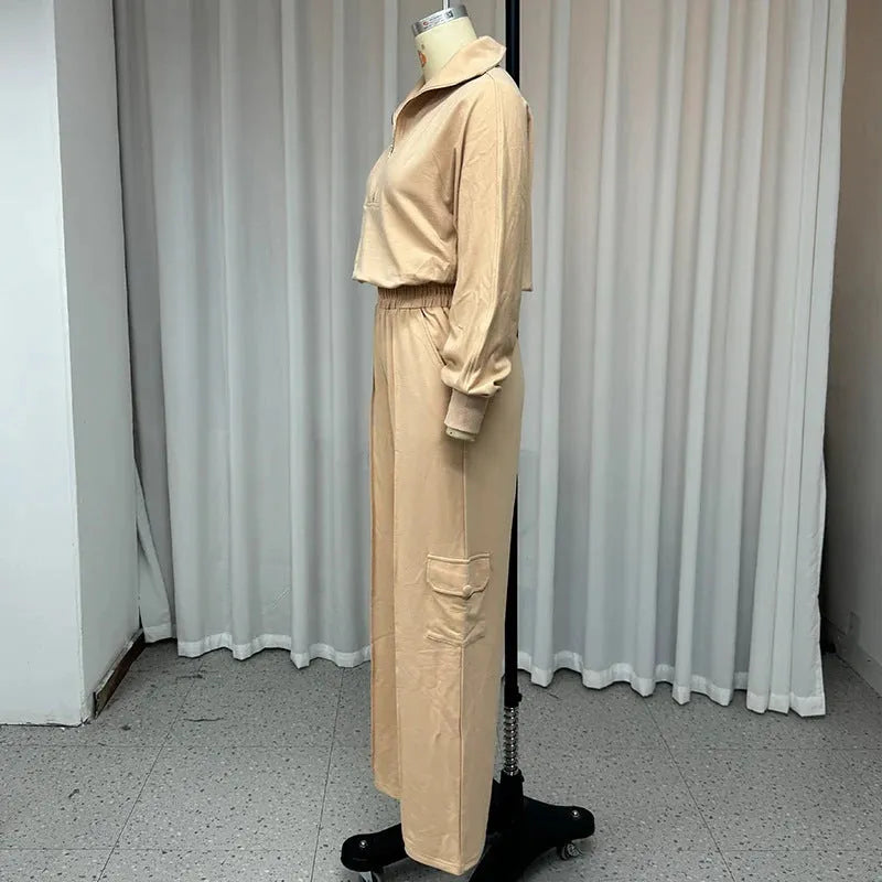 Light camel women's lapel top and high-waisted wide leg trousers two-piece workwear set