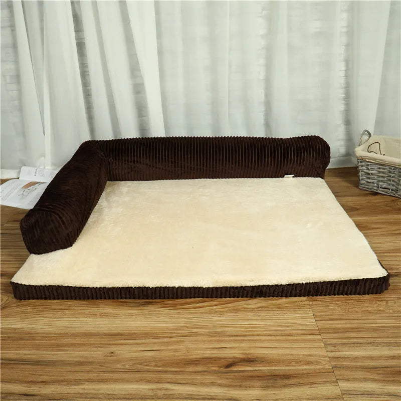 Corduroy pet dog sofa with bolster sides on a non-slip cloth base, shown in grey colour.