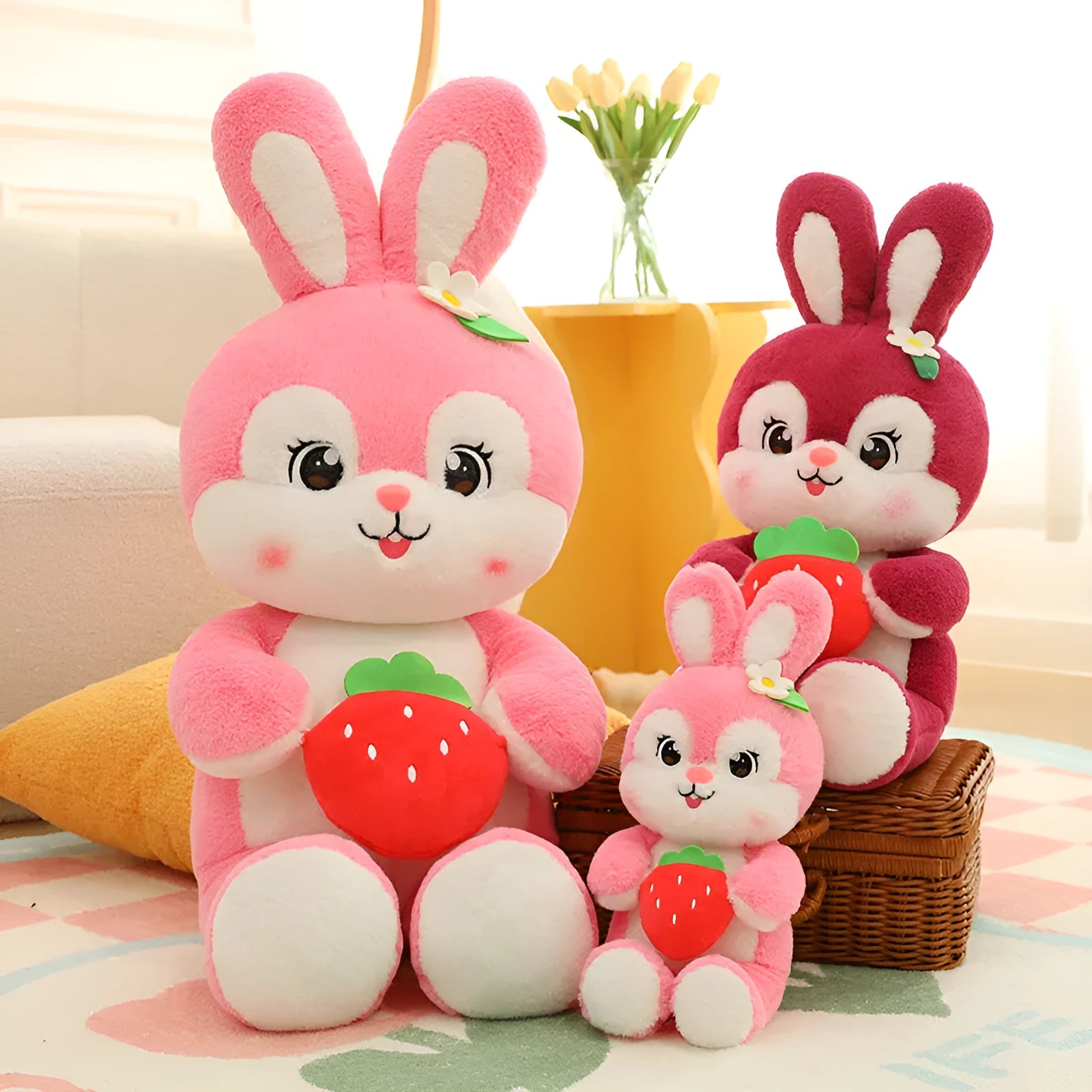 Cartoon strawberry rabbit plush toy doll pillow in pink sitting on a surface