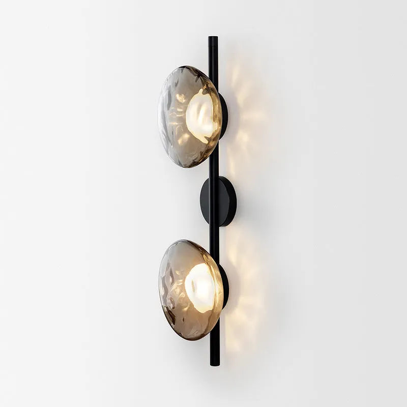Glass art wall lamp with iron construction in transparent, smoke grey, and frosted shade options