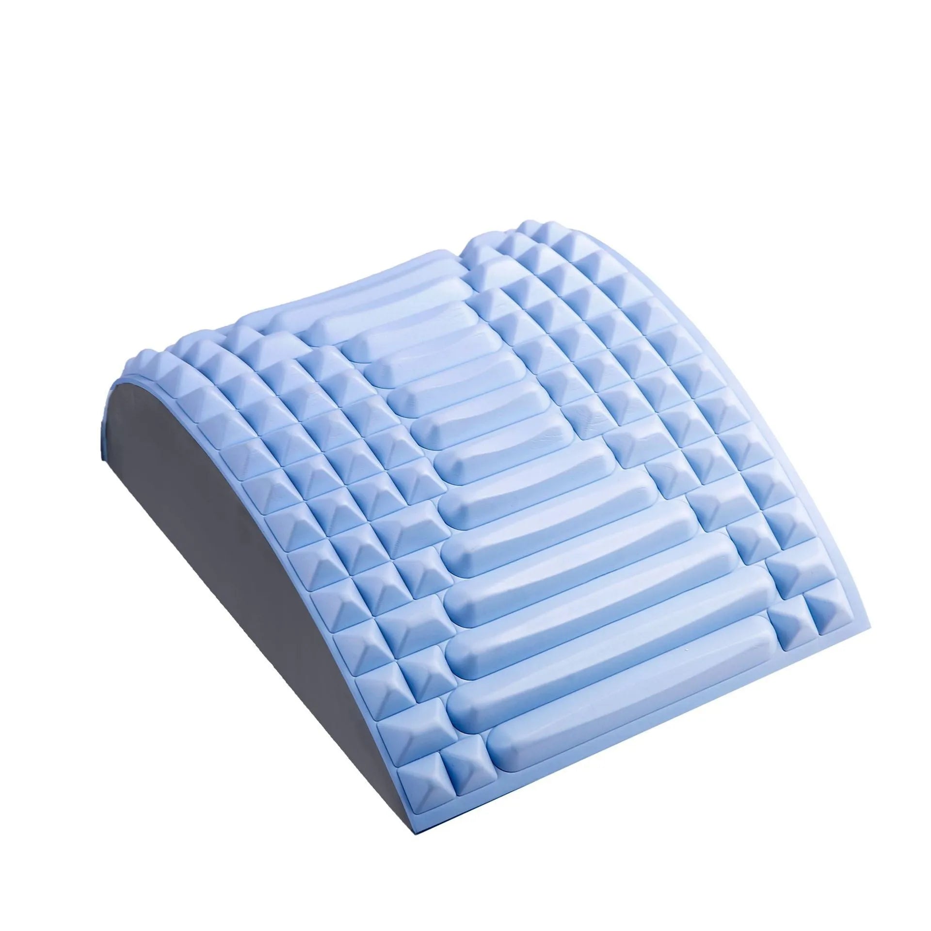Blue back stretcher pillow for lumbar and neck support on a grey background.