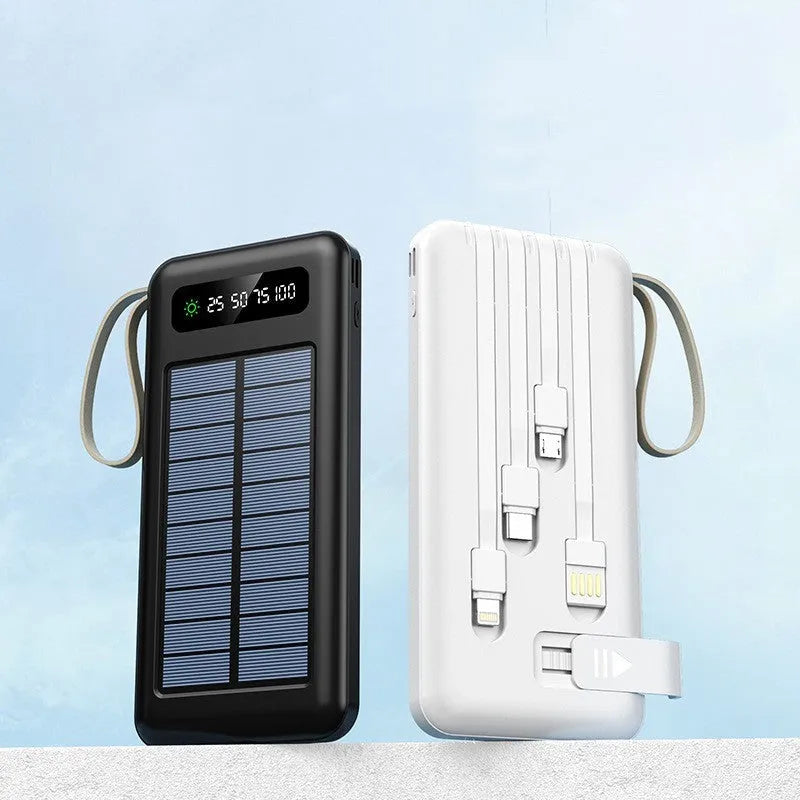 Solar Super Capacity Power Bank in black or white, showing solar panel and compact 144mm design.