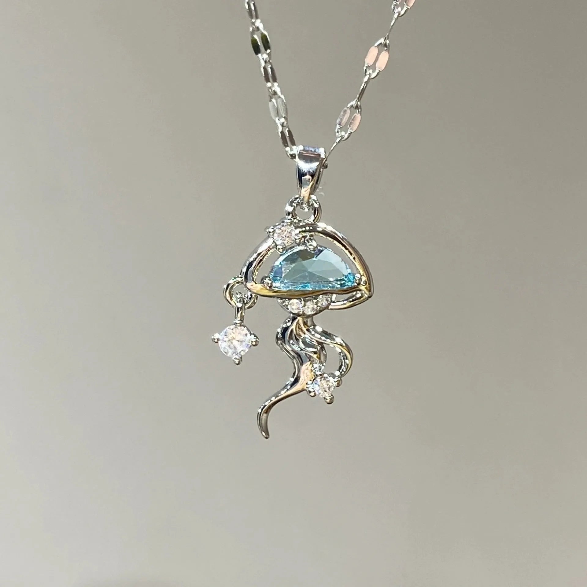 S925 sterling silver blue jellyfish necklace on adjustable chain with white gold colour finish