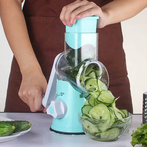 Round manual mandoline slicer with stainless steel blades in blue, green, or red colour