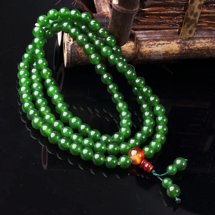 Green jade quartz rock rosary bracelet with 108 beads and Buddha head charm