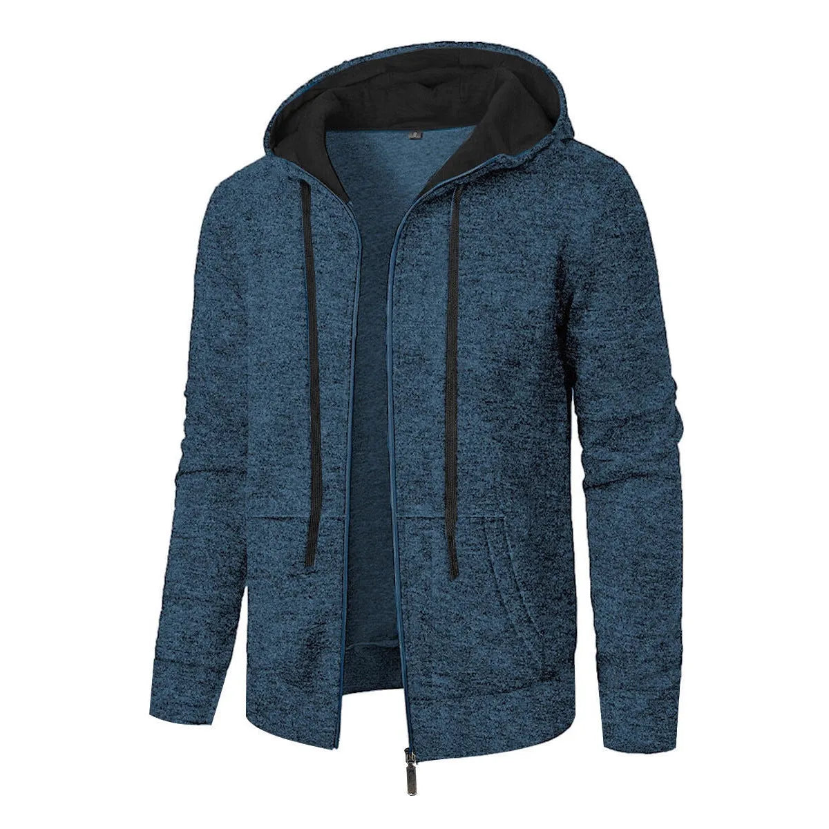 Men's solid colour jacquard hooded coat in denim blue, front view, loose fit with long sleeves