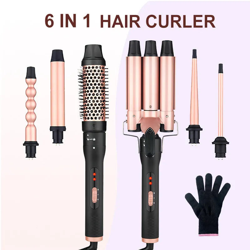 Three-tube water wave hair curler styling tool with straightening function and wired power supply