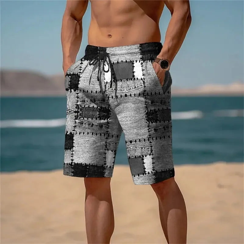 Men's 3D plaid mesh shorts in loose fit summer design with micro-elastic polyester fabric