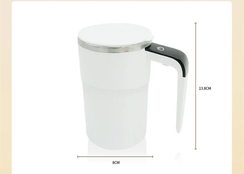 Black and white USB rechargeable electric coffee mug with LCD display and magnetic stirrer