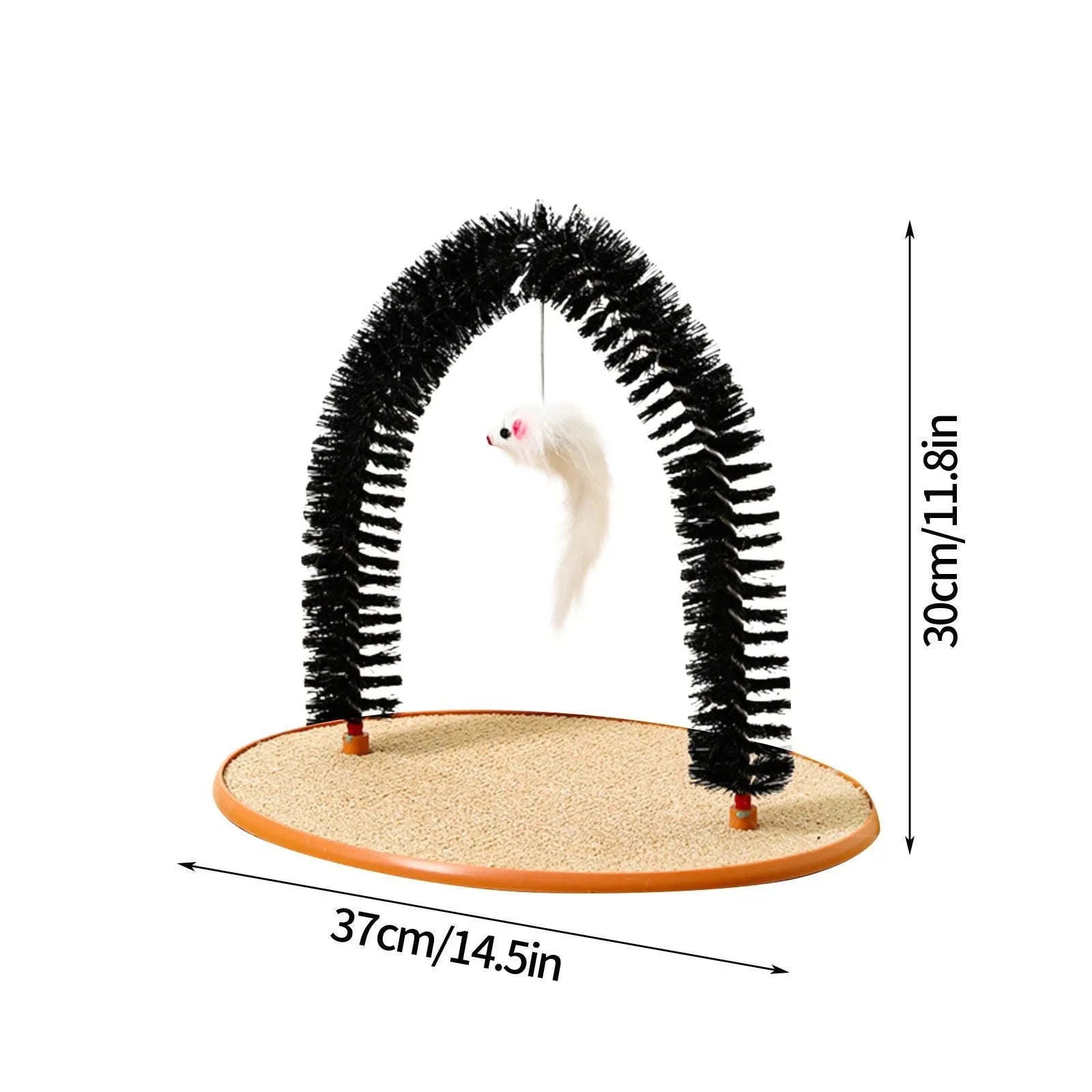 Black plastic arch-shaped cat grooming brush and scratching post with attached mouse toy