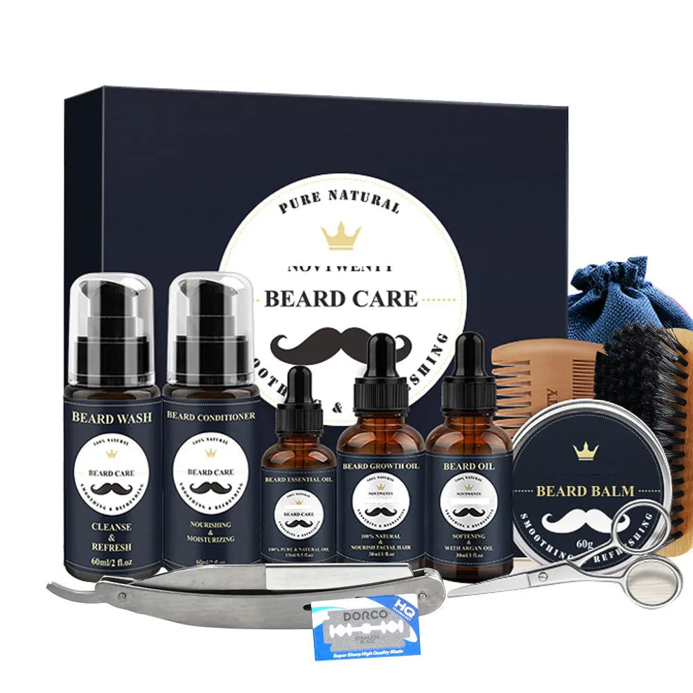 Peach wood beard care kit with comb, brush, balsam, and pogonotomy scissors in 10-15cm size