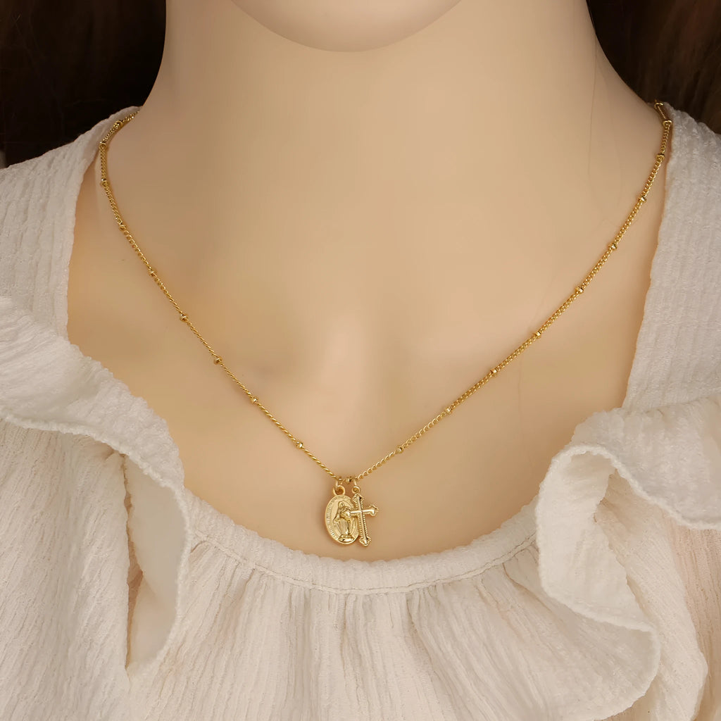 Gold geometric cross Virgin Mary necklace for women on copper chain