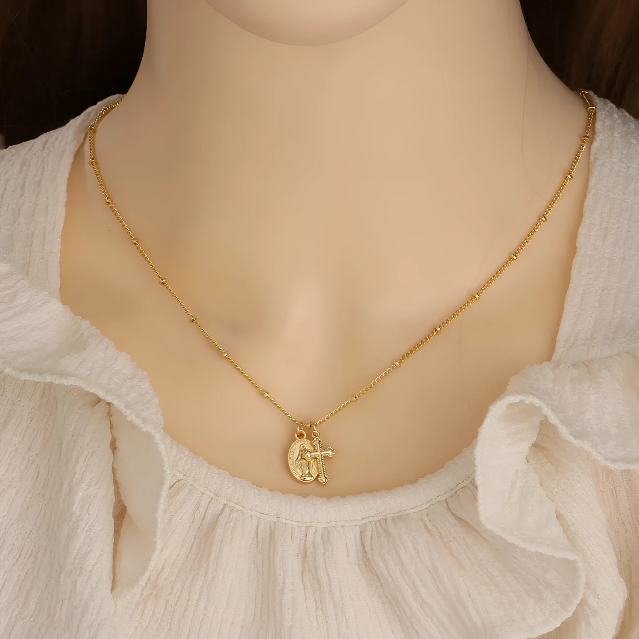 Gold geometric cross Virgin Mary necklace for women on copper chain