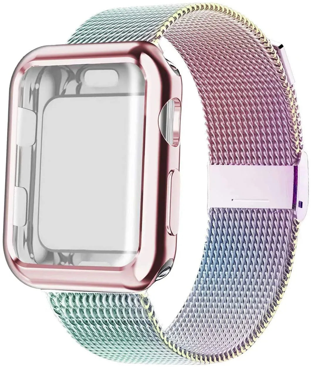 Magnetic Milanese loop metal strap for Apple Watch in silver, shown attached to a watch.