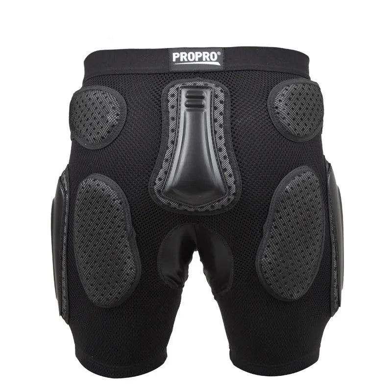Black cycling hip protection pants with integrated pads, showing hook and loop fastener closures.