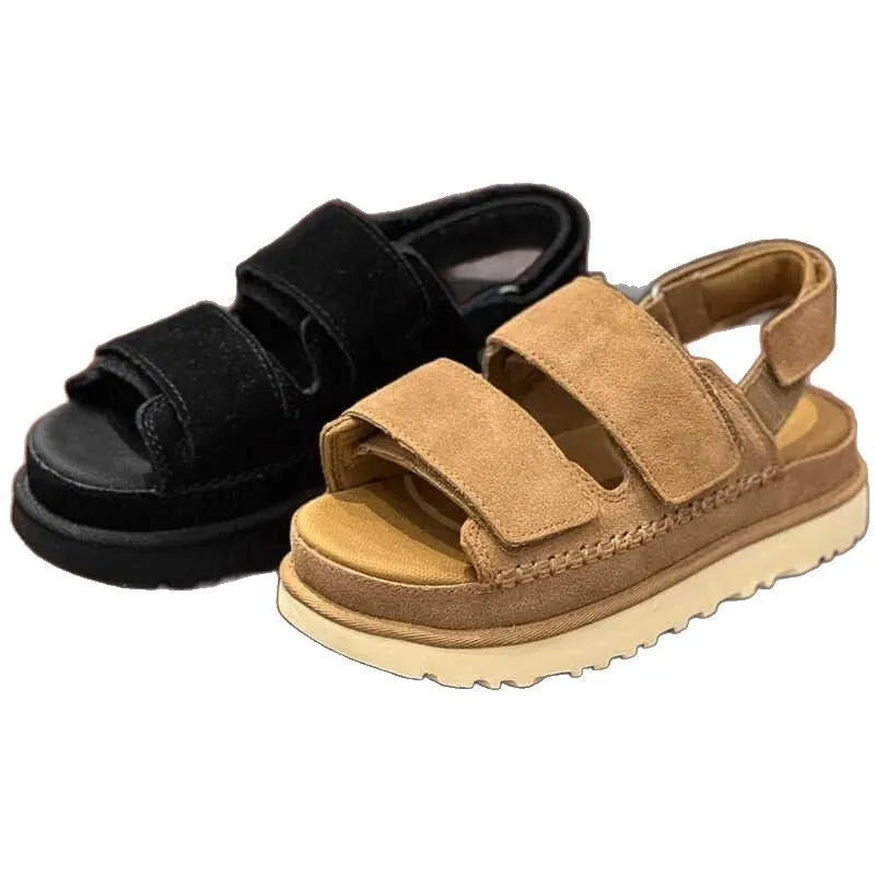 Women's maroon suede peep toe platform sandals with Velcro strap, shown from side view.