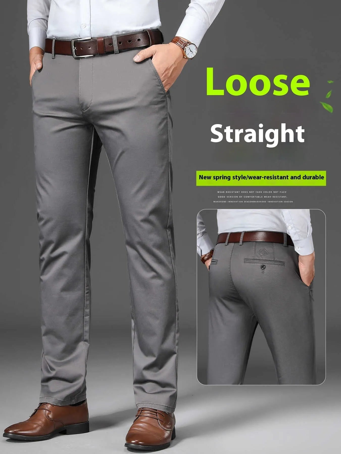 Men's straight-cut non-ironing casual trousers in black, shown flat.