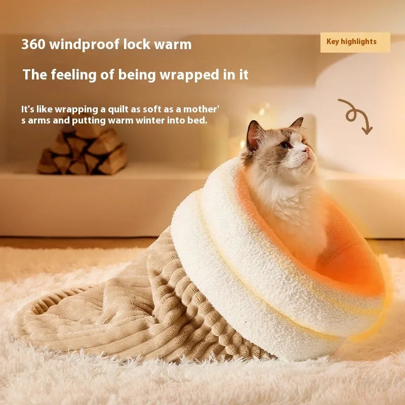 Brown semi-enclosed lambswool pet sleeping bag for cats on a wooden floor.