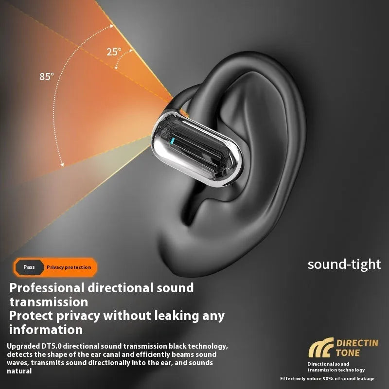 Black open ear Bluetooth headset with ear hook and digital display on charging case
